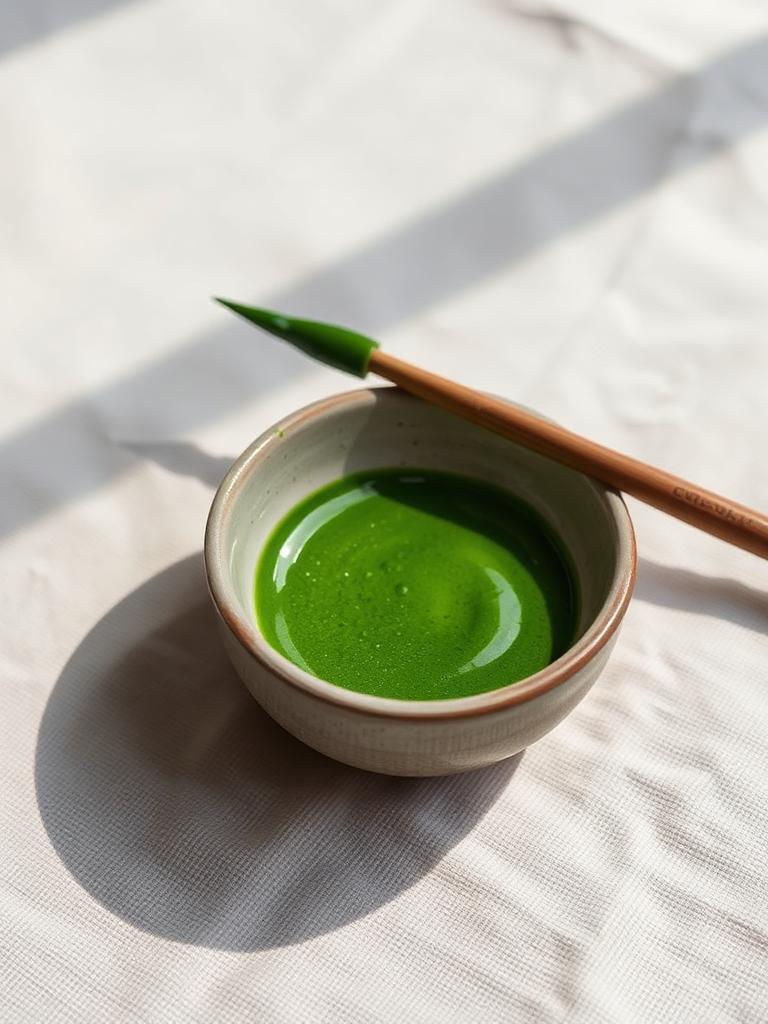 Tigela de cerâmica com pigmento verde e pincel de madeira