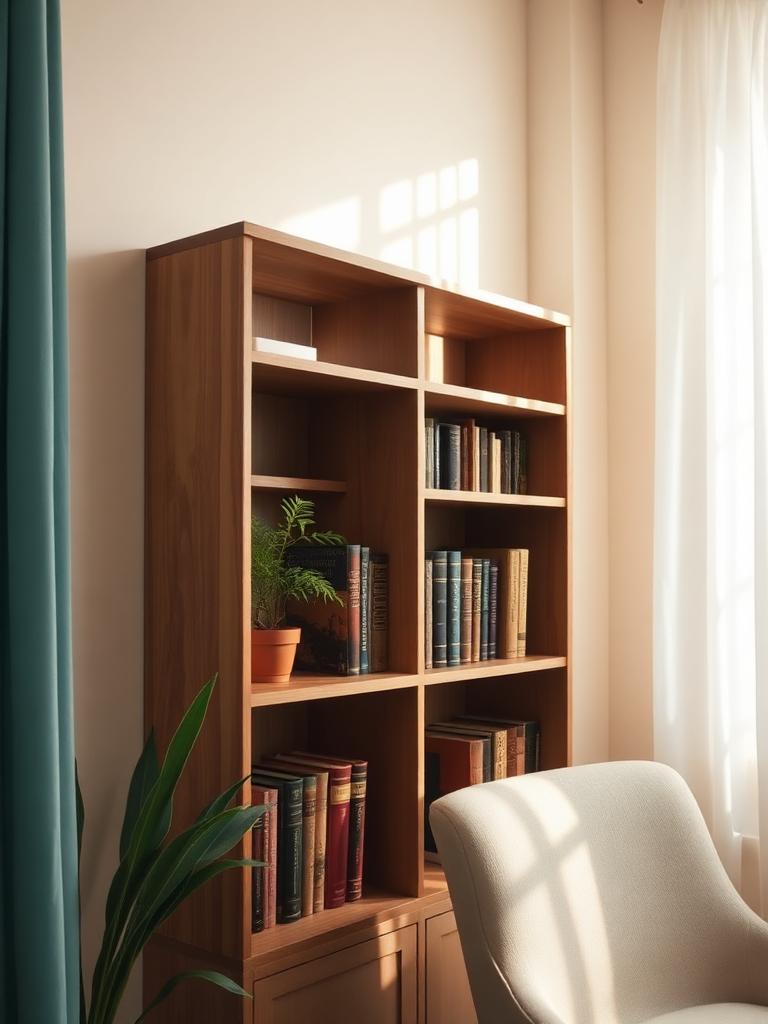 Luz suave de janela sobre estante de madeira com livros