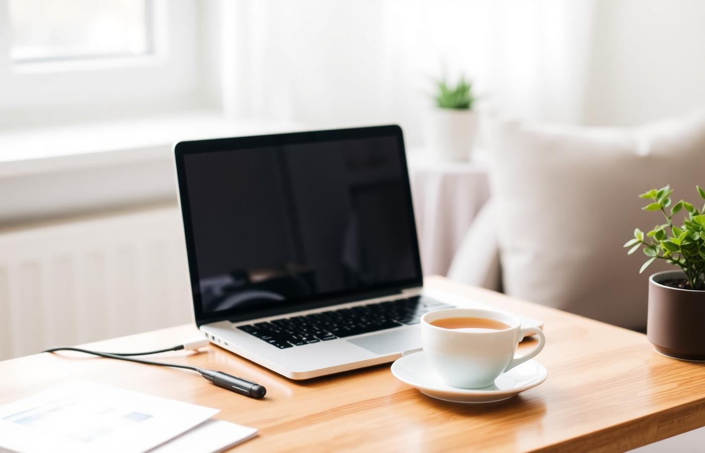 Espaço acolhedor com laptop e chá para sessão de terapia online